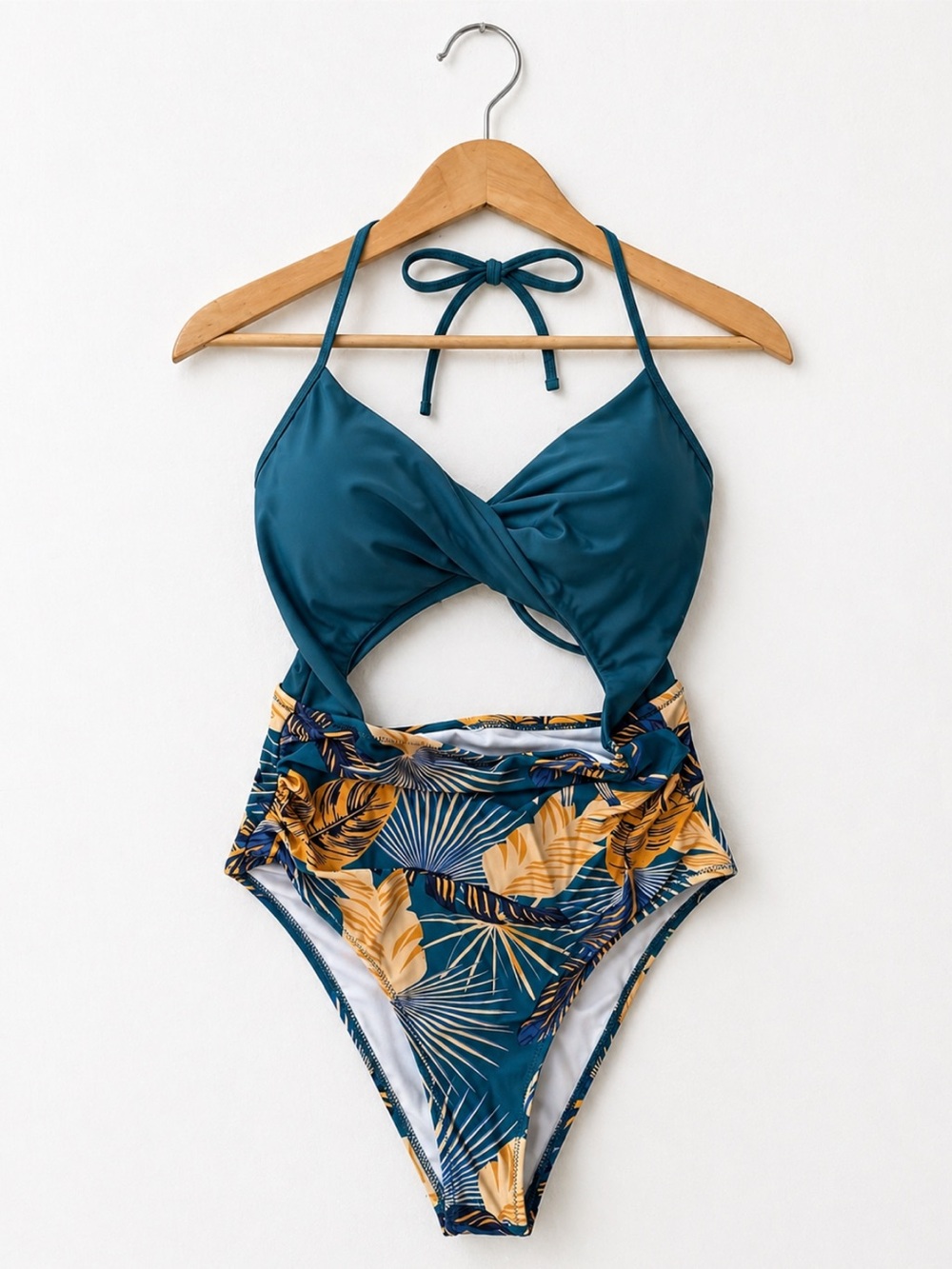 Teal Tropical Cutout One Piece Swimsuit Size Medium Halter High Waist